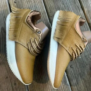 Esse Ut Esse Shoe Mustard & Brown Leather Fringe Sneaker Slip On Shoes 37/ 6.5-7